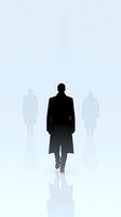 Silhouette of man in long coat walking forward with two faded figures in background, minimalist design on light blue backdrop with reflection effect.