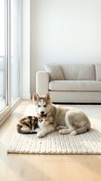 Adorable husky puppy and tabby kitten cuddling together on woven rug in bright modern living room with beige sofa and large windows for pet friendship content.