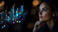 Young Caucasian woman with thoughtful expression against blurred blue and golden bokeh lights background, hand on chin, side profile portrait in dark atmospheric setting.