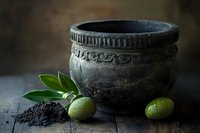 Ancient clay bowl with ornate rim pattern displayed with fresh green olives and leaves on dark rustic wooden surface in moody lighting, creating Mediterranean atmosphere.