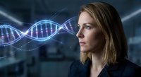Young Caucasian businesswoman scientist looking at glowing DNA double helix structure in futuristic laboratory for genetic research and biotechnology innovation.