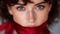 Close up portrait of young woman with bright blue eyes and dark eyebrows wearing red turtleneck sweater, looking directly at camera with intense gaze against dark background.