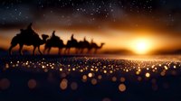 Desert caravan silhouettes with camels crossing golden dunes at sunset under starry sky with magical bokeh lights creating dreamy atmosphere for travel concepts.