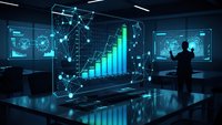 Businessman analyzing holographic data visualization with growth charts and network connections in futuristic digital command center for presentations.