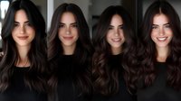 Young brunette woman with long wavy hair in black clothing showing different expressions and poses for portrait photography and lifestyle content.