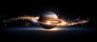 Majestic Saturn planet with glowing rings surrounded by cosmic dust and stars in dark space, artistic space scene with dramatic lighting effects.