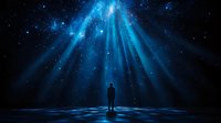Silhouette of person standing under mystical blue light beams in starry night sky, spiritual enlightenment concept showing connection between human and cosmos.