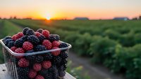 Fresh mixed berries in basket at sunset over farm fields with golden light and mountain silhouette creating warm agricultural harvest scene.