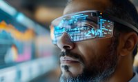 African American man wearing futuristic smart glasses displaying financial data and stock market charts for business analytics.