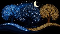 Magical night landscape with glowing trees silhouettes in blue and gold colors, crescent moon and stars on dark background, dreamy fantasy scene.