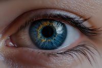 Close-up macro shot of bright blue human eye with golden ring around pupil showing detailed iris pattern, long eyelashes and clear vision concept.