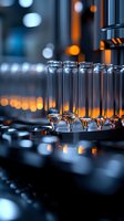 Glass test tubes in laboratory setting with orange bokeh lights in background, scientific research equipment arranged in row for medical or chemical analysis.