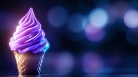 Vibrant soft serve ice cream cone with purple and blue gradient swirl against dark background with bokeh lights.