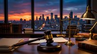 Law office desk with gavel and scales of justice overlooking city skyline at sunset. Legal consultation workspace for attorney services and judicial matters.