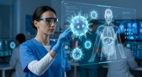 Female scientist in lab coat using holographic display showing virus molecules and human anatomy for medical research and healthcare technology innovation.