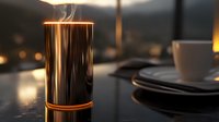 Glowing smart aroma diffuser with steam on dark table near window during evening time, modern home fragrance device with ambient lighting effect.