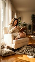 Young woman with curly hair reading book while drinking coffee in cozy living room with natural sunlight streaming through windows and houseplants.