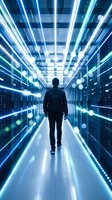 Man walking through futuristic data center corridor with glowing blue neon lights and server racks, representing technology, innovation, and digital transformation for tech industry concepts.