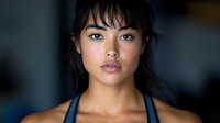 Young Asian woman with natural makeup and black tank top in dramatic lighting, looking directly at camera with confident expression. Professional portrait with blurred background.