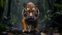 Majestic Bengal tiger walking through misty dark forest. Powerful predator with intense gaze moving forward on forest path among green foliage in dramatic lighting.