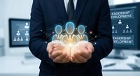 Professional businessman in dark suit holding glowing team icons representing leadership development and human resources management in modern office.