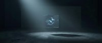 Futuristic holographic interface glowing in dark concrete bunker with spotlight illumination, representing advanced technology, digital innovation, and cybersecurity solutions for corporate presentations.