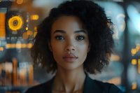 Young African American woman with natural curly hair looking confidently at camera against blurred bokeh city lights background in evening atmosphere.