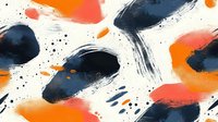 Abstract artistic brushstrokes in navy blue, coral red and vibrant orange create dynamic movement against white background with scattered ink splatter texture.