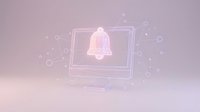 Computer monitor displaying notification bell icon with glowing pink holographic interface elements and floating particles on gradient background.