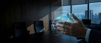 Businessman hand touching holographic digital interface in modern office with city skyline view through windows showcasing futuristic technology concept.