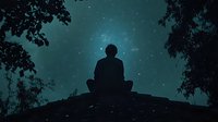 Silhouette of person meditating on hill against starry turquoise night sky, framed by tree branches, spiritual wellness and mindfulness concept.