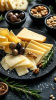 Assorted cheese platter with sliced hard and semi-hard cheeses, black olives, walnuts, and fresh rosemary sprigs served on dark stone plate for appetizer.
