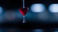 Red glass heart pendant with water drop on dark blue bokeh background, romantic Valentine concept for greeting cards and love declarations.