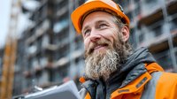 Smiling bearded construction worker in orange safety helmet and high-visibility vest holding blueprints at building site for engineering projects.