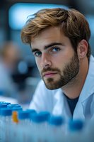 Young male scientist with beard working in modern laboratory with test tubes and research equipment for medical studies and scientific experiments.