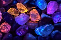 Glowing raw crystals and mineral stones in vibrant neon colors of blue, purple, orange and pink illuminated on dark background, creating mystical atmosphere.