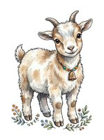 Friendly goat with brown and white coat wearing decorative collar, standing with botanical elements on white background, isolated for design use.