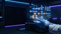 Robotic hand interacting with digital network interface displaying connected nodes and data flow in futuristic tech environment for AI, automation, and innovation concepts.