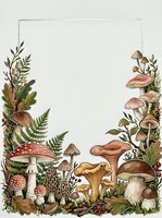 Watercolor forest mushroom frame with ferns, berries and autumn leaves, copy space in center for text or design use.