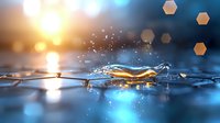 Dynamic water splash with golden sunlight creating magical bokeh effect and hexagonal reflections on blue surface, macro photography style composition.