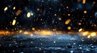 Heavy rain falling on dark wet asphalt with golden bokeh lights creating magical atmosphere at night, dramatic weather background with water drops and reflections.