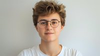 Young Caucasian male student with round glasses, tousled light brown hair, and friendly smile wearing white t-shirt against light background, suitable for education and lifestyle content.
