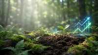 Young green plant seedling growing from soil in forest with digital growth chart overlay representing sustainable business development and eco-friendly investment success.