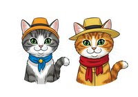 Cute tabby and gray cats wearing hats and bandanas, isolated on white background. Perfect for children's designs, greeting cards, t-shirts, stickers, and playful branding projects.