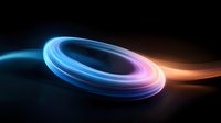 Glowing neon light rings with blue and orange colors creating dynamic motion trails against dark background, abstract modern design element for technology concepts.
