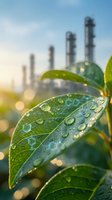 Green leaf with water droplets and molecular structure overlay against blurred industrial smokestacks background representing environmental science and sustainability.