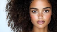 Young mixed race woman with natural curly afro hair and freckles on glowing skin, wearing neutral makeup against white background, looking at camera with confident expression.