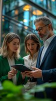 Business team reviewing digital data on tablet outside modern office building. Senior manager mentoring young female professionals in corporate environment.