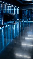 Modern futuristic office interior with blue LED lighting, computer workstations and sleek furniture for technology business concepts.
