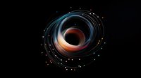 Mysterious black hole in deep space with glowing accretion disk and orbiting matter creating spiral light trails against dark cosmic background.